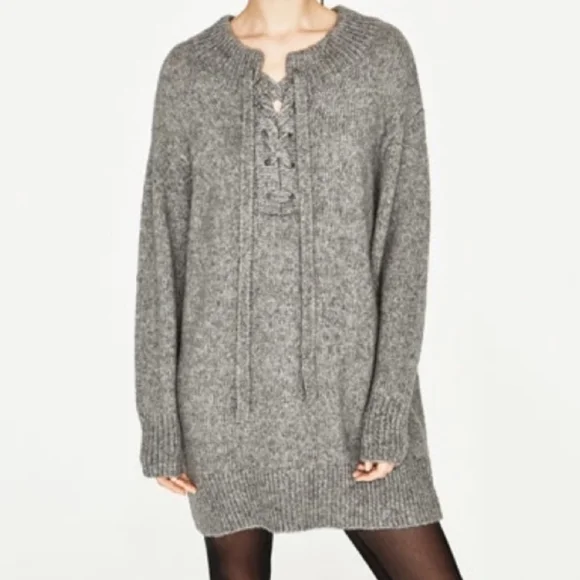 Zara Lace Up Oversized Wool Mohair Mock Neck Sweater Dress Grey Size Medium - Picture 11 of 11
